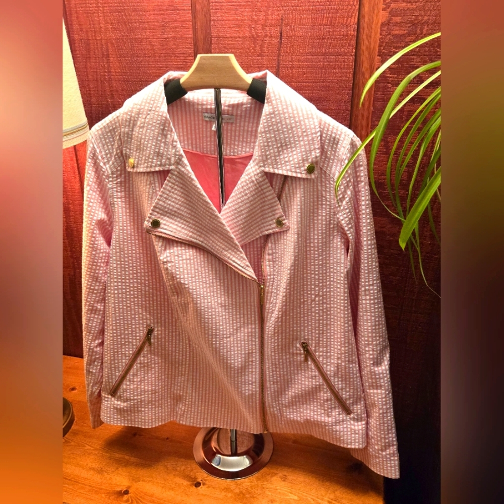 Isaac Mizrahi Live! Pink and white checked women's moto jacket size 18W